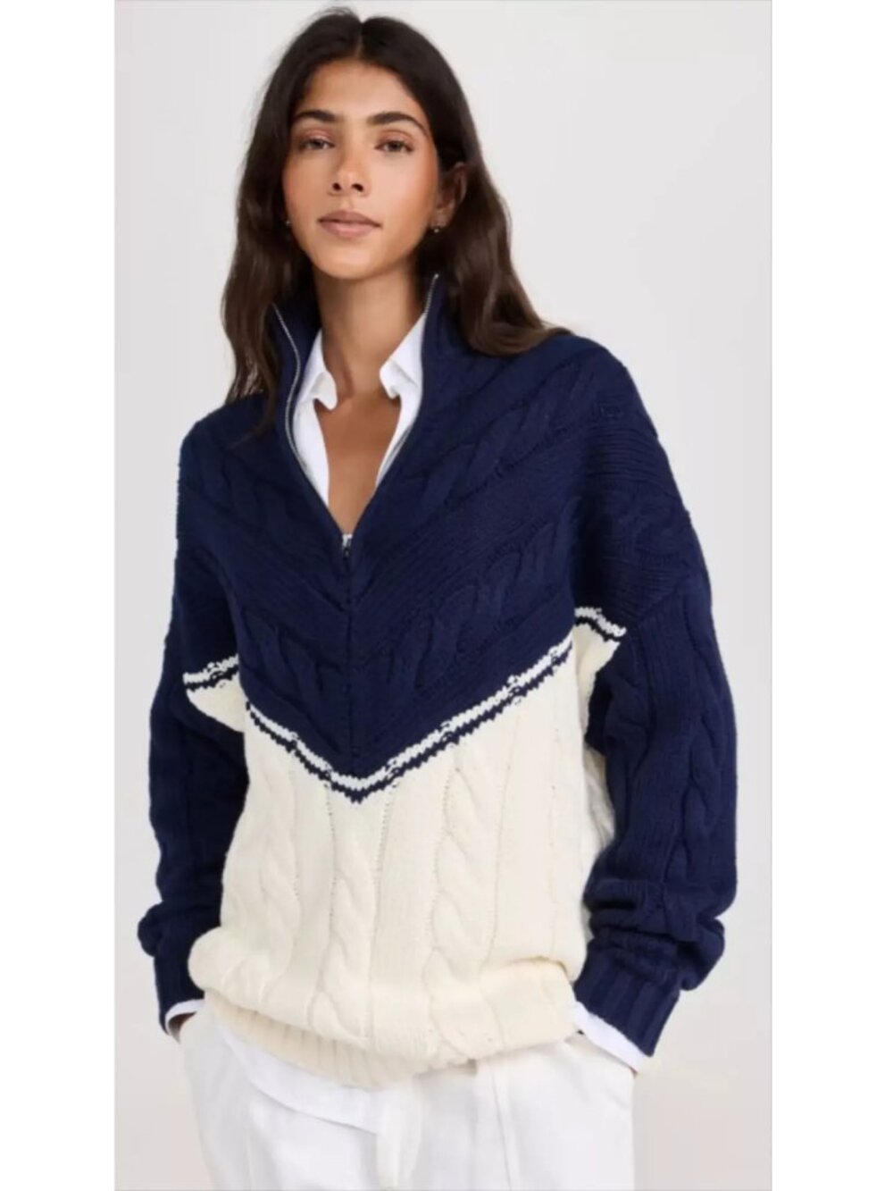 Staud Hampton Half Zip Cable Tunic Sweater Navy/ivory